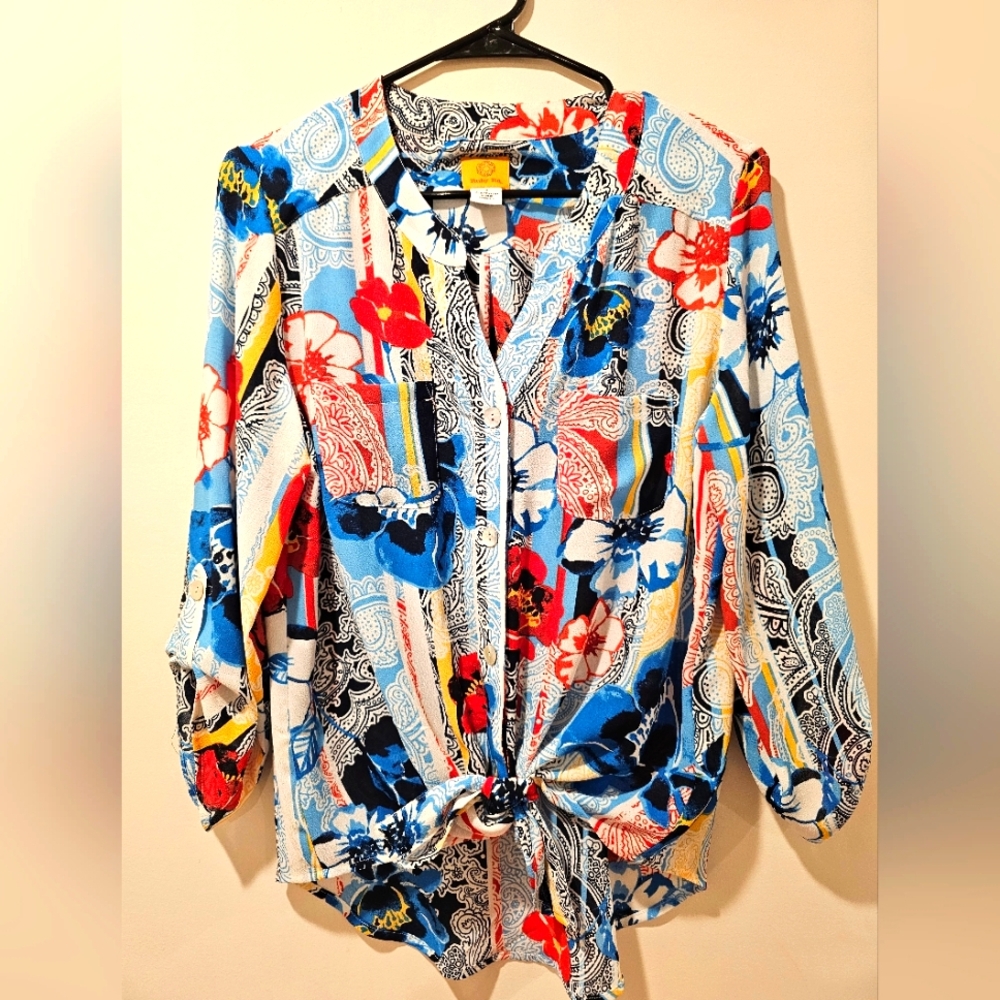 Ruby Rd Floral 3/4 Sleeve Tie Front Blouse Size Small